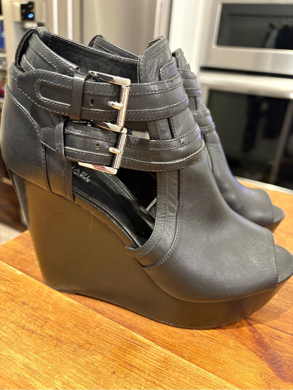 Michael Kors Women's Black Wedge Ankle Booties with Buckle Straps